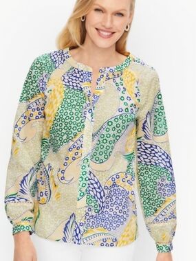 Talbots Size Large Paisley-Print Boho Long Sleeve Button Down Blouse